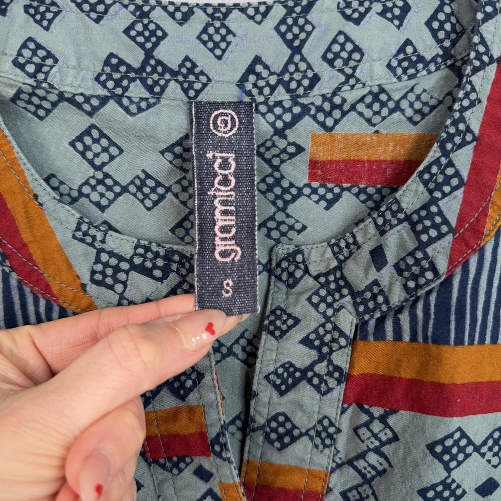 Gramicci Dress Womens Small Green Geometric Henley 3/4 Sleeve Boho Tribal Cotton - Picture 4 of 12